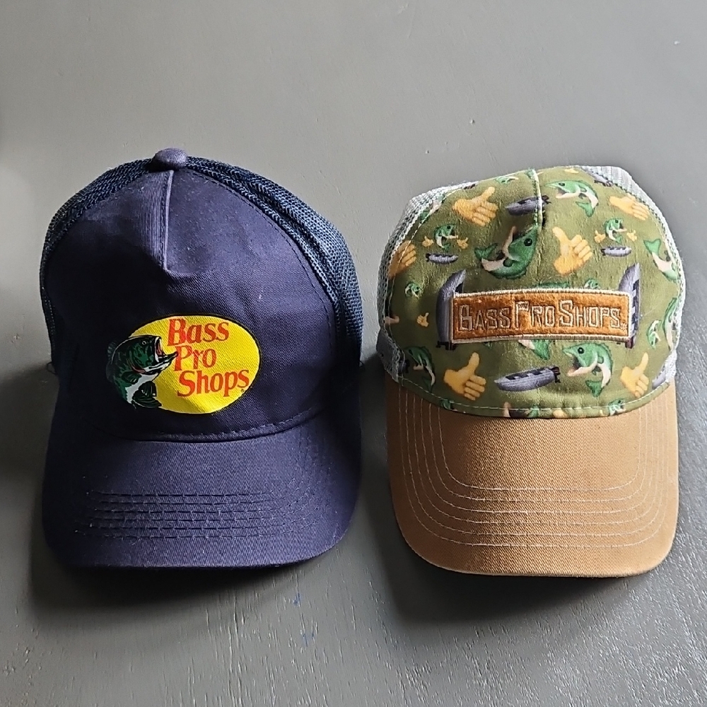 2 Bass Pro Shops Blue and Tan Outdoor Hats #1